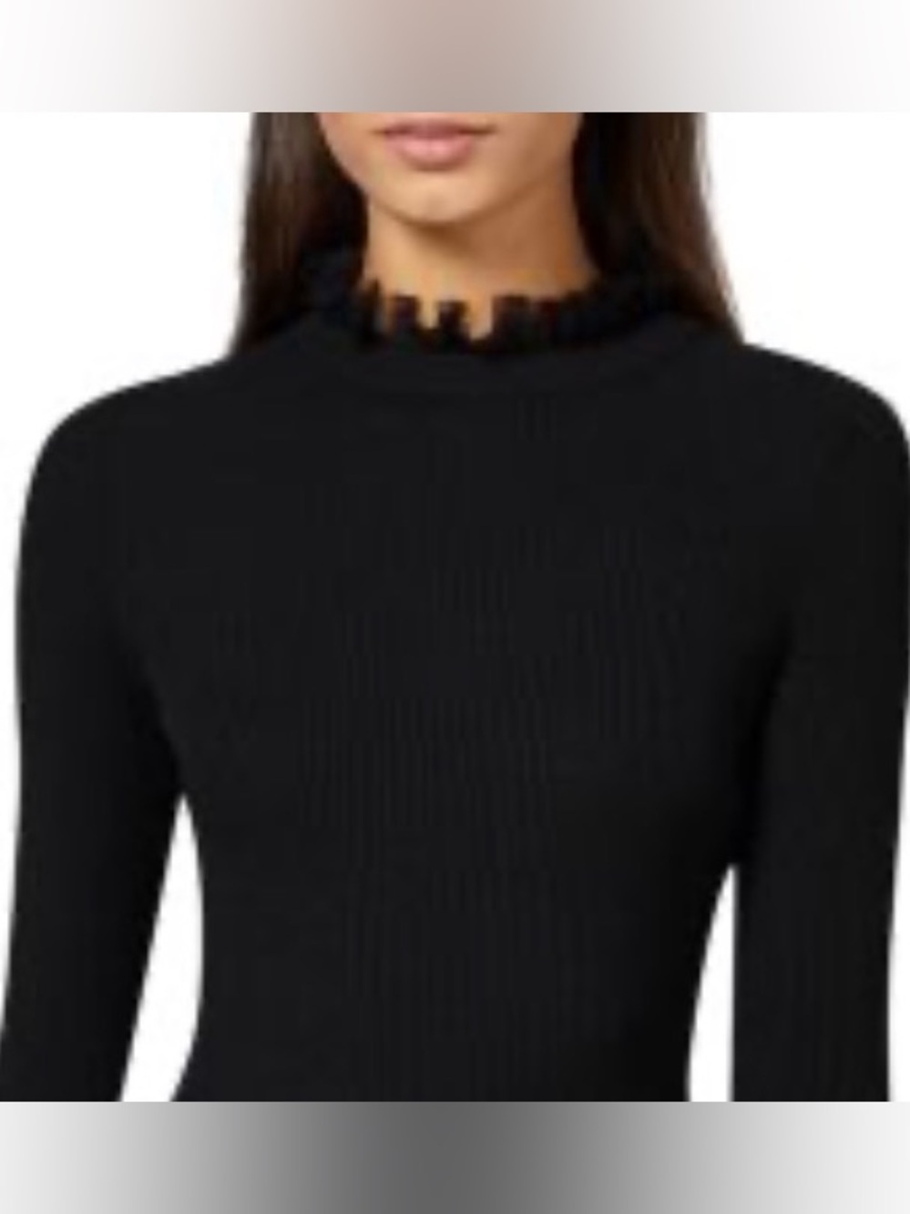 Black Ruffled Mock-Neck Long Sleeve Ribbed Sweater Blouse